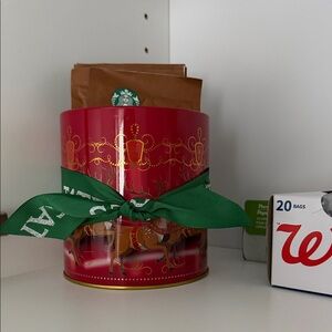 5/$15 Festive Red Tin with Green Ribbon & cover!
